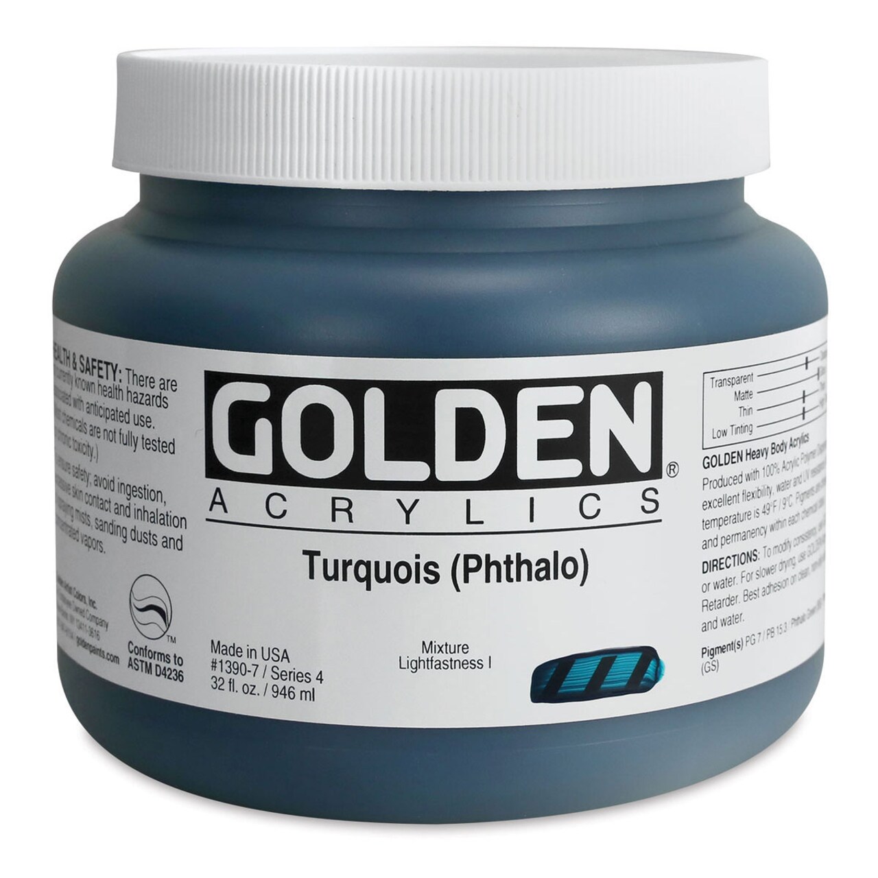 Golden Heavy Body Artist Acrylics - Turquoise (Phthalo), 32 oz Jar